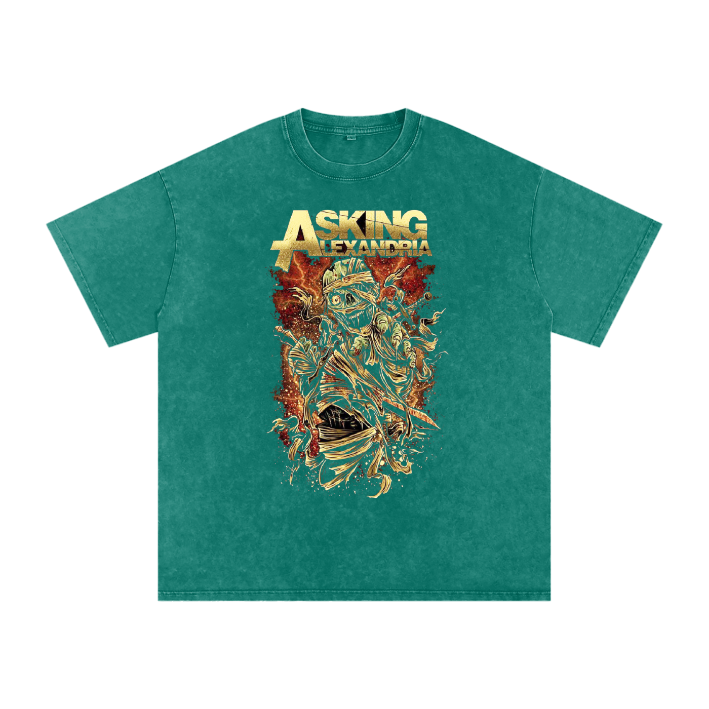 Asking Alexandria,band T-shirt,mummy design,zombie art,rock band shirt,music fan shirt,band merchandise,heavy metal artwork,punk rock fashion,unique band design