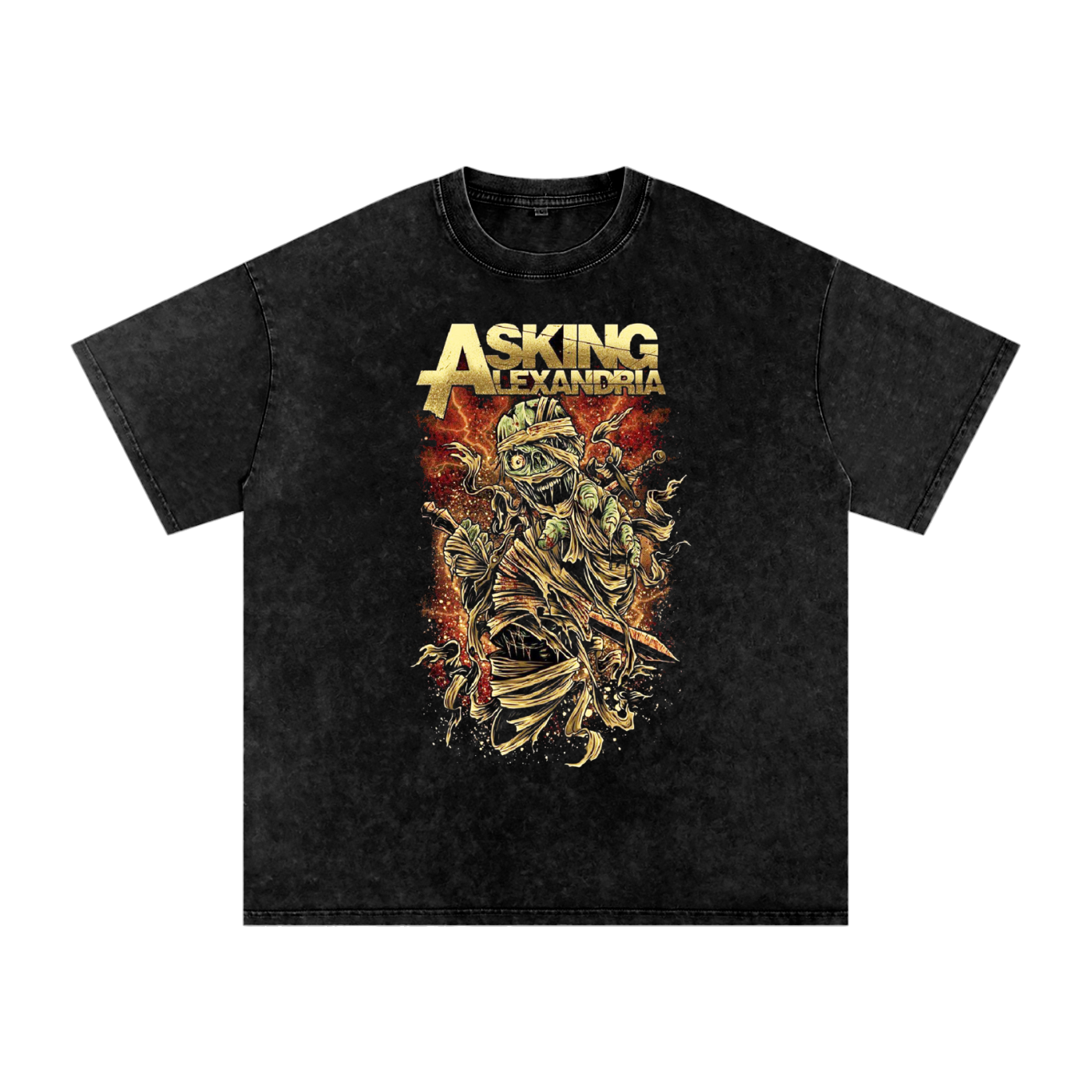 Asking Alexandria,band T-shirt,mummy design,zombie art,rock band shirt,music fan shirt,band merchandise,heavy metal artwork,punk rock fashion,unique band design